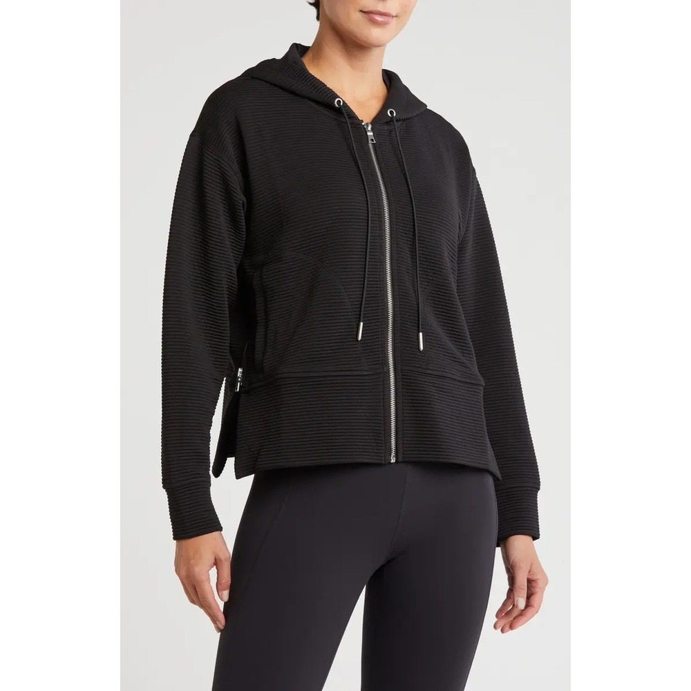 DKNY Women's Medium Tech‎ Ottoman Full Zip Black Ribbed Hoodie
